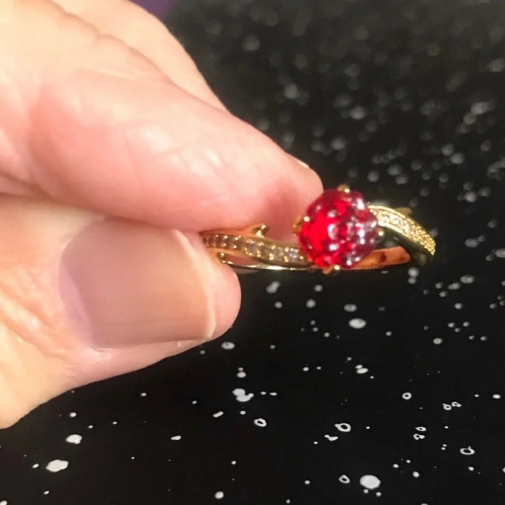 Beauty and the Beast Gold Ring with Red Rose Crystal Center